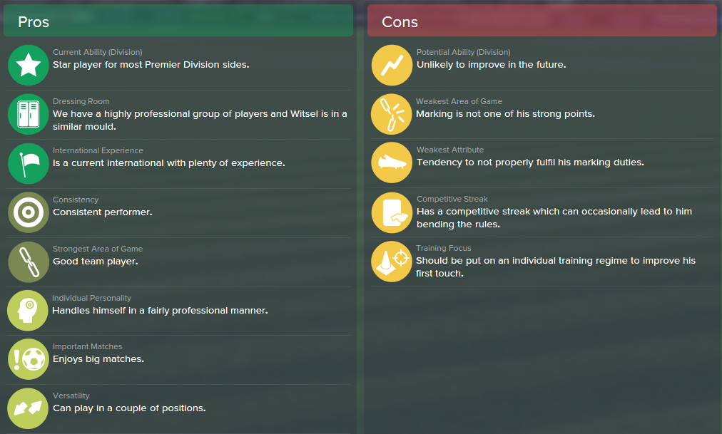 Axel Witsel, FM15, FM 2015, Football Manager 2015, Scout Report, Pros & Cons