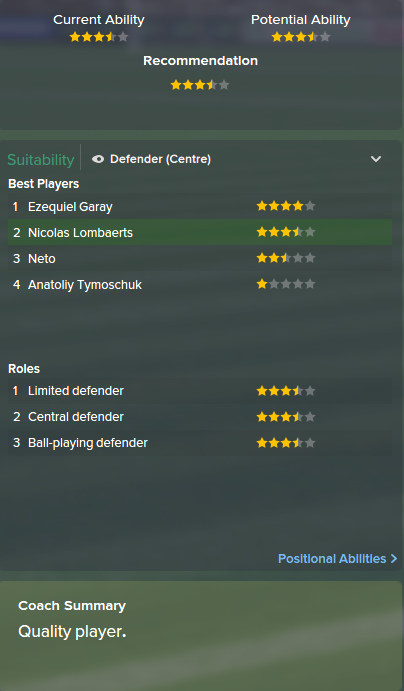 Nicolas Lombaerts, FM15, FM 2015, Football Manager 2015, Scout Report, Current & Potential Ability