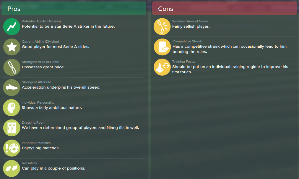 M'Baye Niang, FM15, FM 2015, Football Manager 2015, Scout Report, Pros & Cons