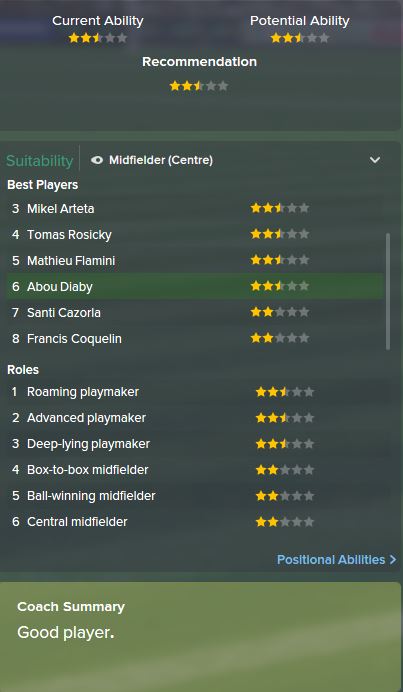 Abou Diaby, FM15, FM 2015, Football Manager 2015, Scout Report, Current & Potential Ability