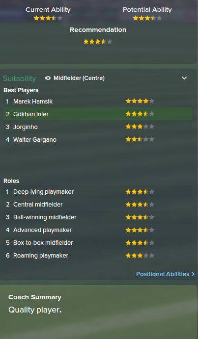 Gokhan Inler, FM15, FM 2015, Football Manager 2015, Scout Report, Current & Potential Ability
