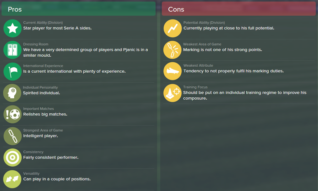 Miralem Pjanic, FM15, FM 2015, Football Manager 2015, Scout Report, Pros & Cons