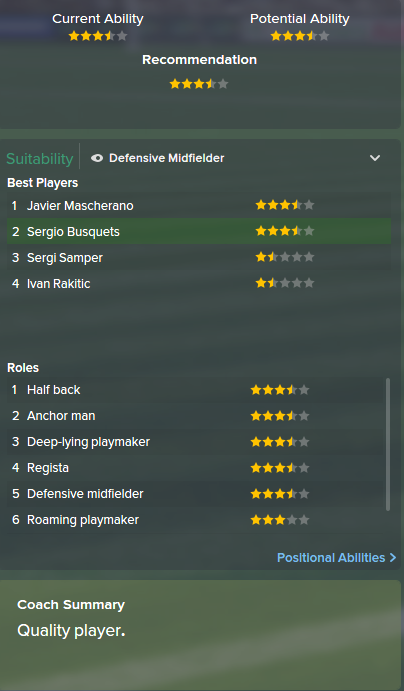 Sergio Busquets, FM15, FM 2015, Football Manager 2015, Scout Report, Current & Potential Ability