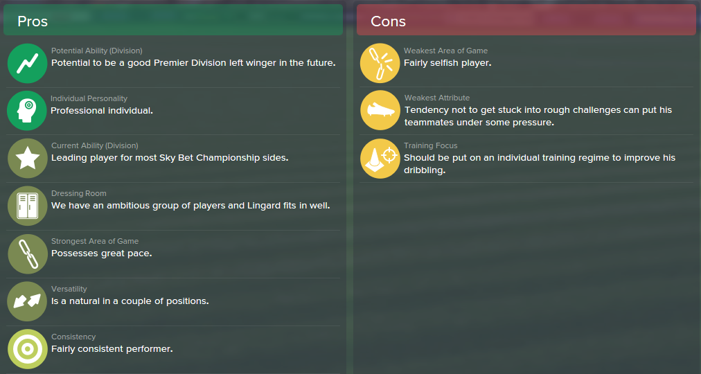 Jesse Lingard, FM15, FM 2015, Football Manager 2015, Scout Report, Pros & Cons
