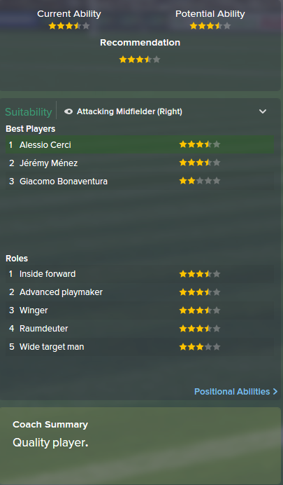Alessio Cerci, FM15, FM 2015, Football Manager 2015, Scout Report, Current & Potential Ability