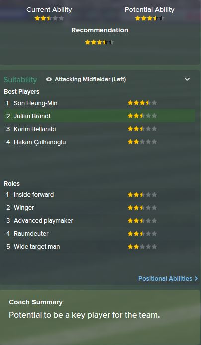 Julian Brandt, FM15, FM 2015, Football Manager 2015, Scout Report, Current & Potential Ability