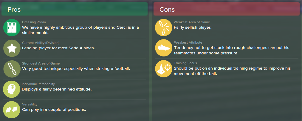 Alessio Cerci, FM15, FM 2015, Football Manager 2015, Scout Report, Pros & Cons