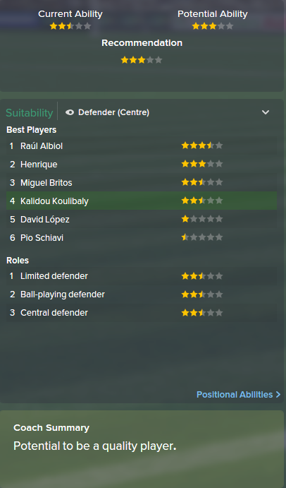 Kalidou Koulibaly, FM15, FM 2015, Football Manager 2015, Scout Report, Current & Potential Ability