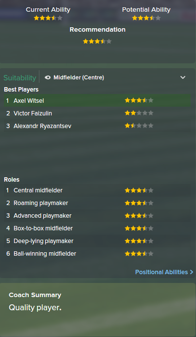 Axel Witsel, FM15, FM 2015, Football Manager 2015, Scout Report, Current & Potential Ability