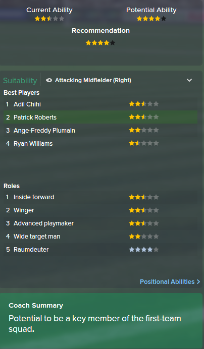 Patrick Roberts, FM15, FM 2015, Football Manager 2015, Scout Report, Current & Potential Ability