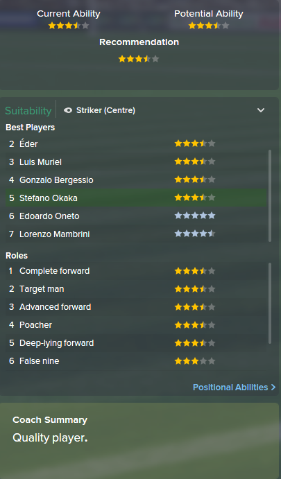 Stefano Okaka, FM15, FM 2015, Football Manager 2015, Scout Report, Current & Potential Ability