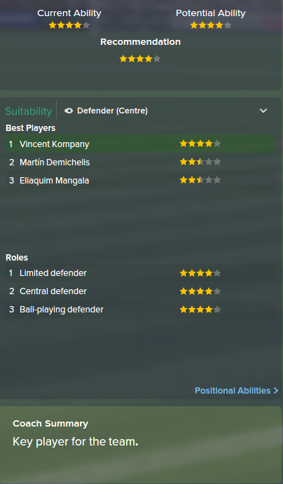 Vincent Kompany, FM15, FM 2015, Football Manager 2015, Scout Report, Current & Potential Ability