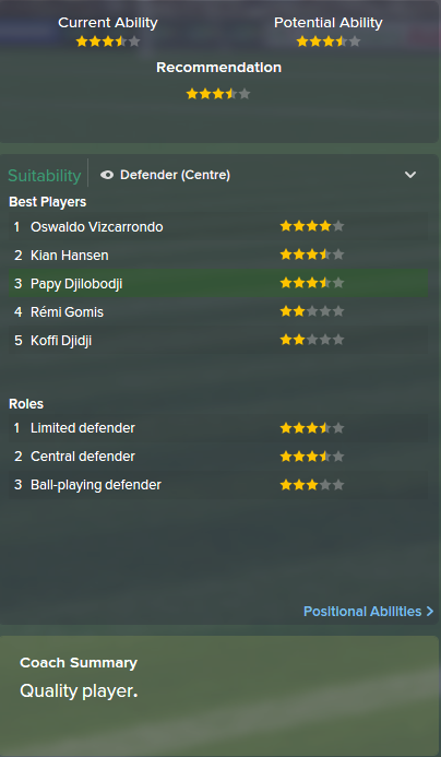 Papy Djilobodji, FM15, FM 2015, Football Manager 2015, Scout Report, Current & Potential Ability