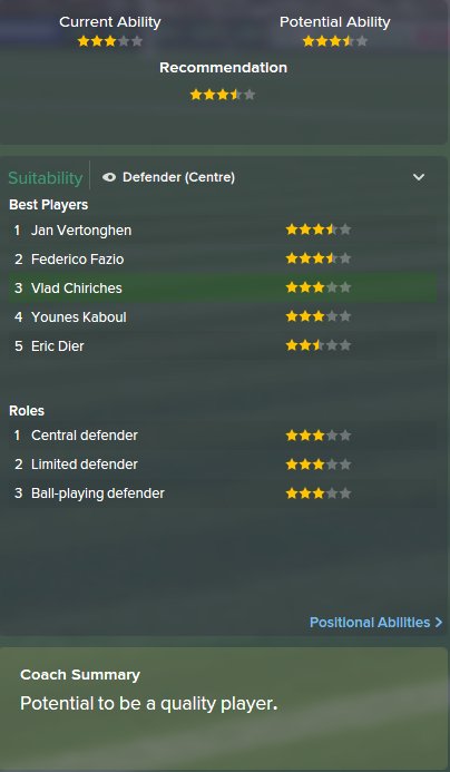 Vlad Chiriches, FM15, FM 2015, Football Manager 2015, Scout Report, Current & Potential Ability
