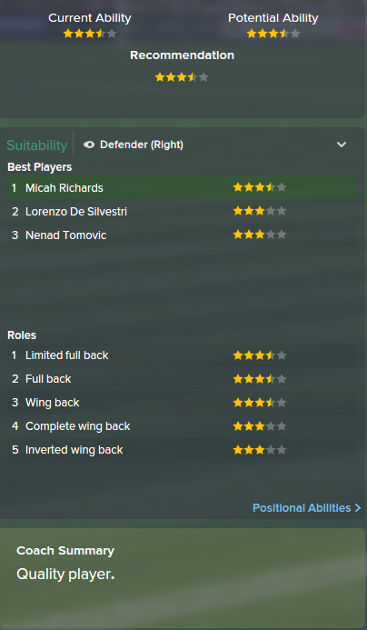 Micah Richards, FM15, FM 2015, Football Manager 2015, Scout Report, Current & Potential Ability