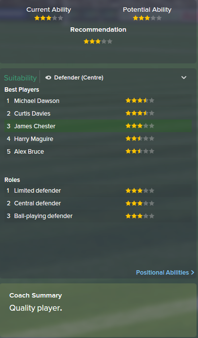 James Chester, FM15, FM 2015, Football Manager 2015, Scout Report, Current & Potential Ability