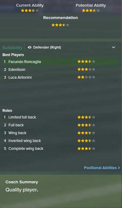 Facundo Roncaglia, FM15, FM 2015, Football Manager 2015, Scout Report, Current & Potential Ability